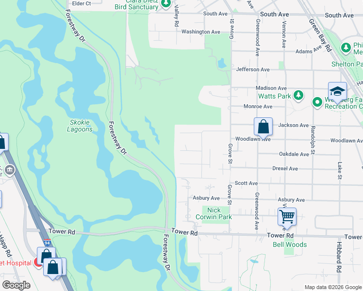 map of restaurants, bars, coffee shops, grocery stores, and more near 725 Redwood Lane in Glencoe