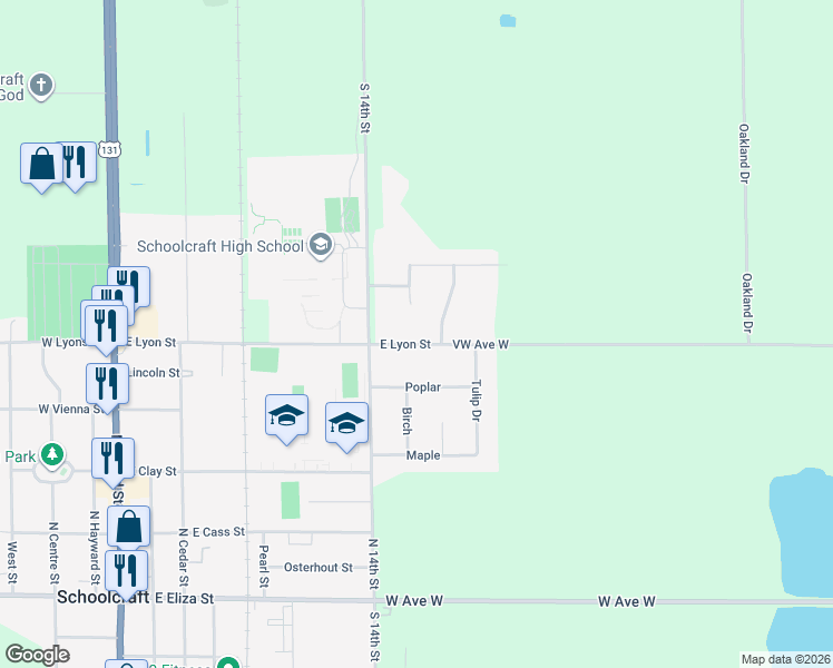 map of restaurants, bars, coffee shops, grocery stores, and more near 3050 VW Avenue West in Schoolcraft