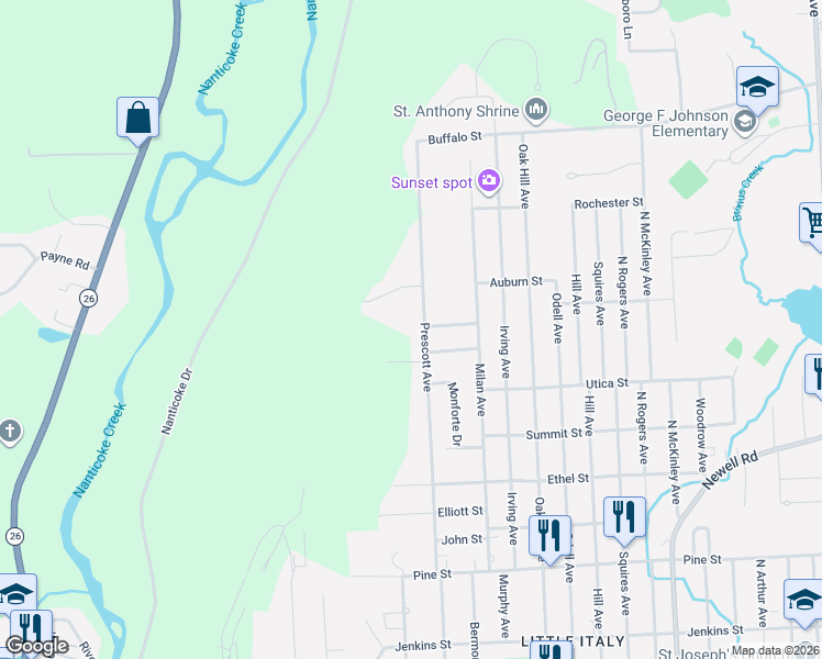 map of restaurants, bars, coffee shops, grocery stores, and more near 807 Prescott Avenue in Endicott