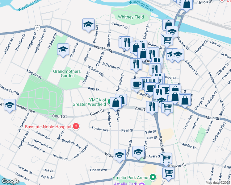 map of restaurants, bars, coffee shops, grocery stores, and more near 19 King Street in Westfield