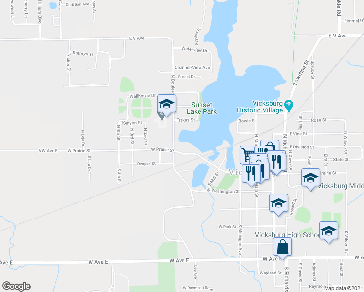 map of restaurants, bars, coffee shops, grocery stores, and more near 340 West Prairie Street in Vicksburg