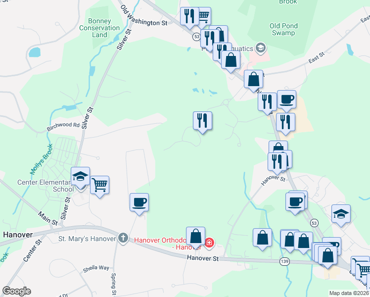 map of restaurants, bars, coffee shops, grocery stores, and more near 4 Longwood Lane in Hanover