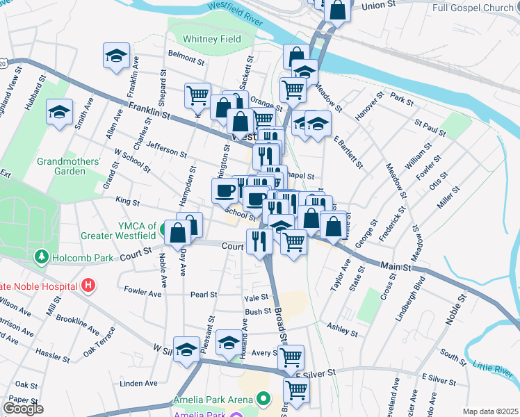 map of restaurants, bars, coffee shops, grocery stores, and more near 43 Elm Street in Westfield