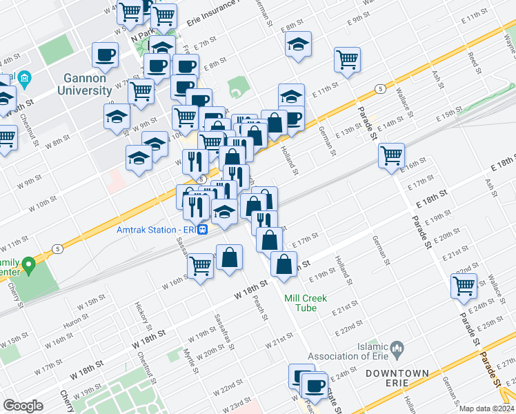 map of restaurants, bars, coffee shops, grocery stores, and more near 1410 French Street in Erie
