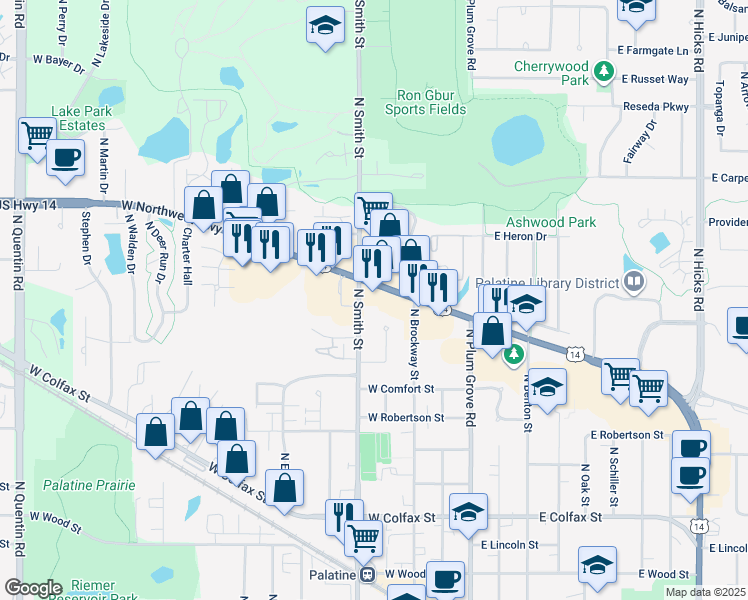 map of restaurants, bars, coffee shops, grocery stores, and more near 571 North Smith Street in Palatine