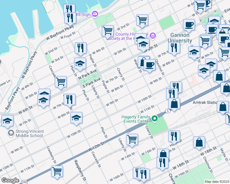 map of restaurants, bars, coffee shops, grocery stores, and more near in Erie