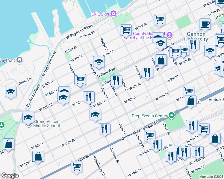 map of restaurants, bars, coffee shops, grocery stores, and more near 720 Liberty Street in Erie