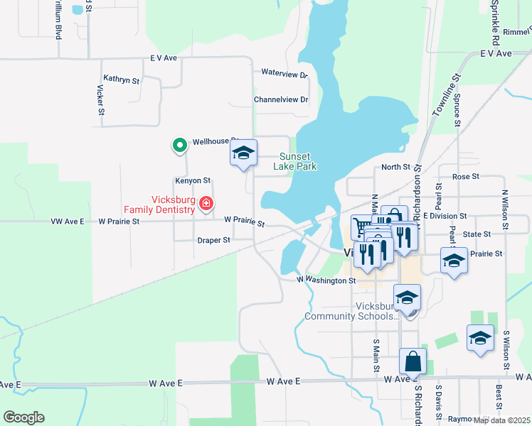 map of restaurants, bars, coffee shops, grocery stores, and more near 340 West Prairie Street in Vicksburg