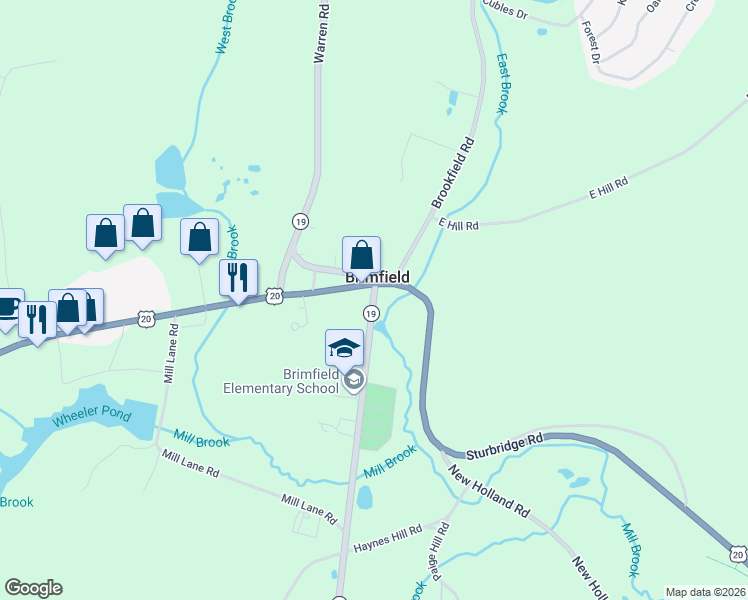 map of restaurants, bars, coffee shops, grocery stores, and more near 4 Wales Road in Brimfield