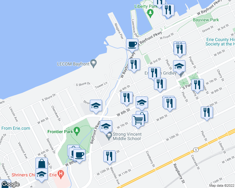 map of restaurants, bars, coffee shops, grocery stores, and more near West 4th Street in Erie
