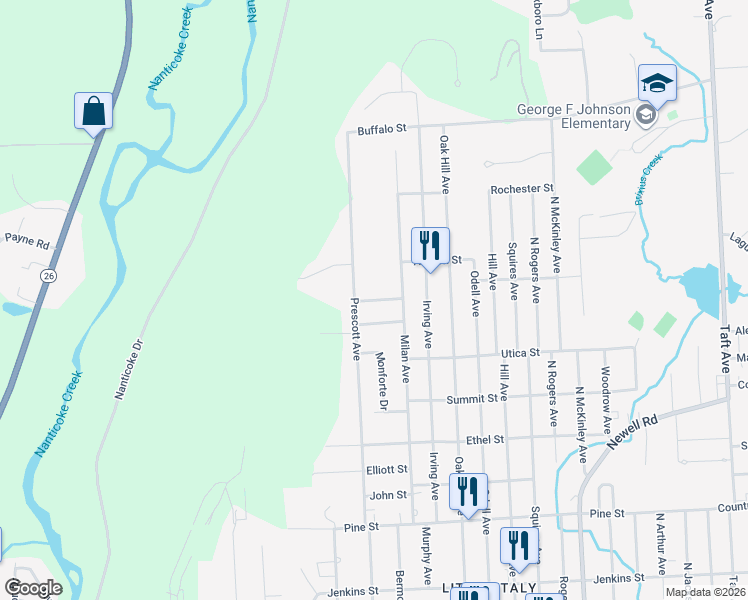 map of restaurants, bars, coffee shops, grocery stores, and more near 809 Alma Place in Endicott