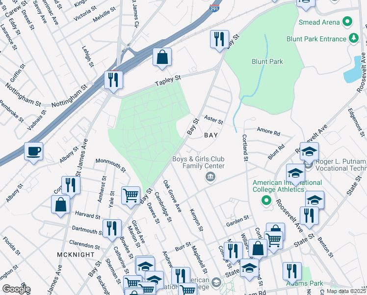 map of restaurants, bars, coffee shops, grocery stores, and more near 13-15 Edgewood Street in Springfield