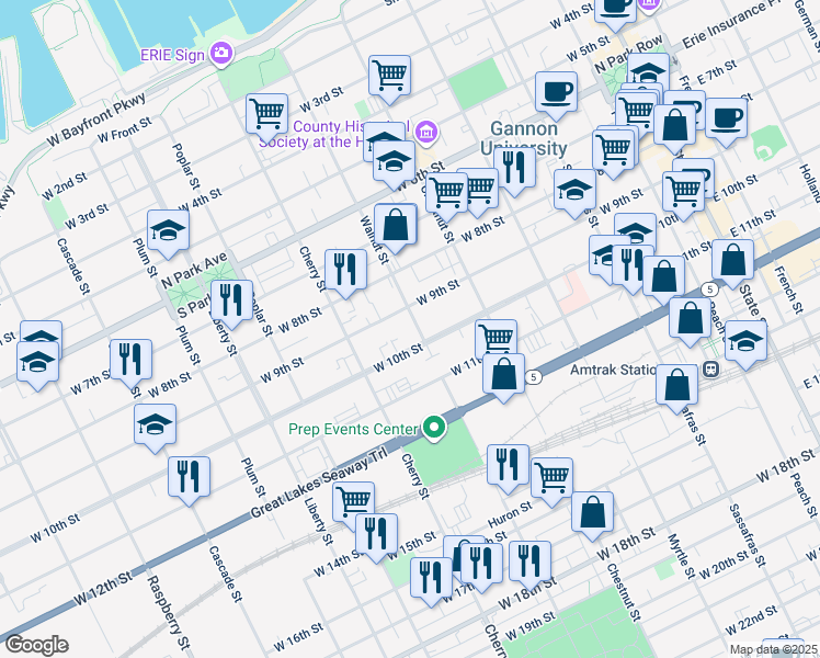map of restaurants, bars, coffee shops, grocery stores, and more near 510 West 10th Street in Erie