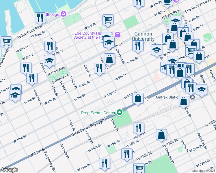 map of restaurants, bars, coffee shops, grocery stores, and more near 550 W 10th St in Erie