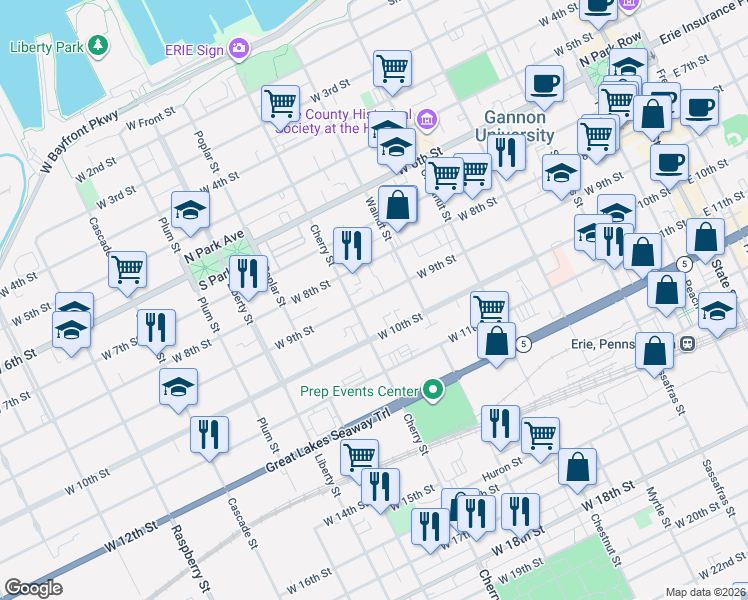 map of restaurants, bars, coffee shops, grocery stores, and more near 550 W 10th St in Erie