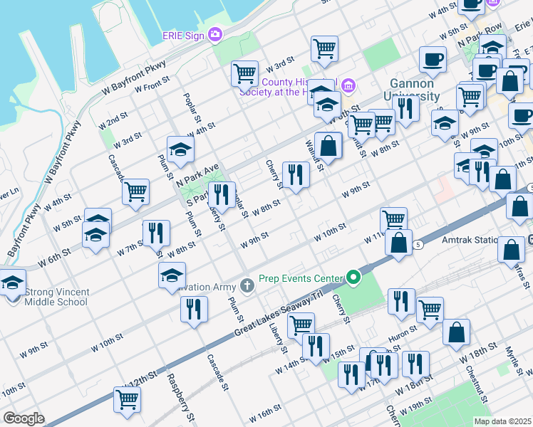 map of restaurants, bars, coffee shops, grocery stores, and more near in Erie