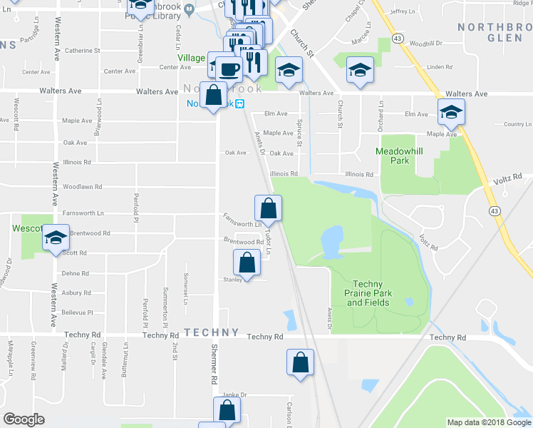 map of restaurants, bars, coffee shops, grocery stores, and more near 1927 Farnsworth Lane in Northbrook