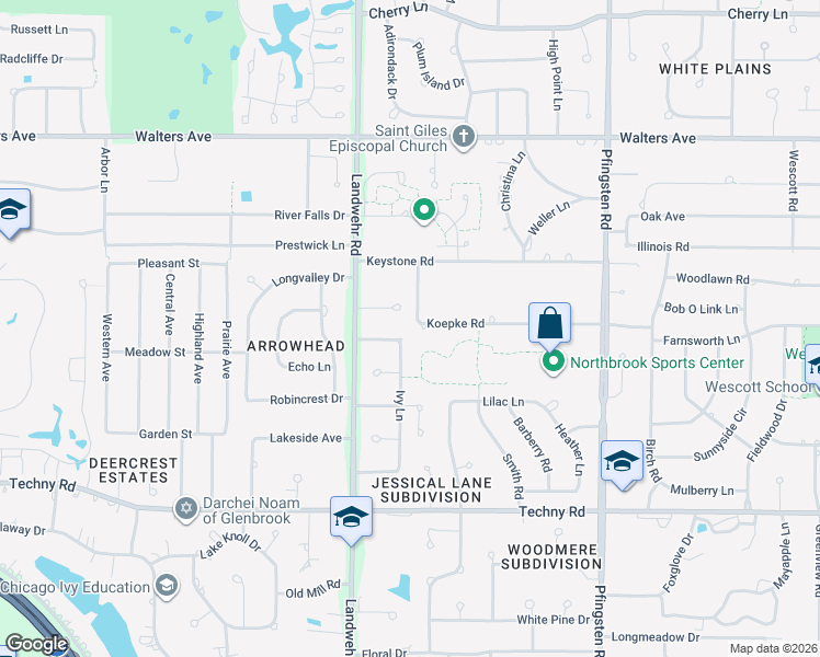 map of restaurants, bars, coffee shops, grocery stores, and more near 1707 Ivy Lane in Northbrook