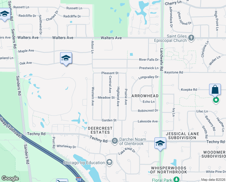 map of restaurants, bars, coffee shops, grocery stores, and more near 3484 Meadow Street in Northbrook