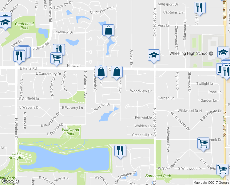 map of restaurants, bars, coffee shops, grocery stores, and more near 1438 Abourndale Court in Wheeling