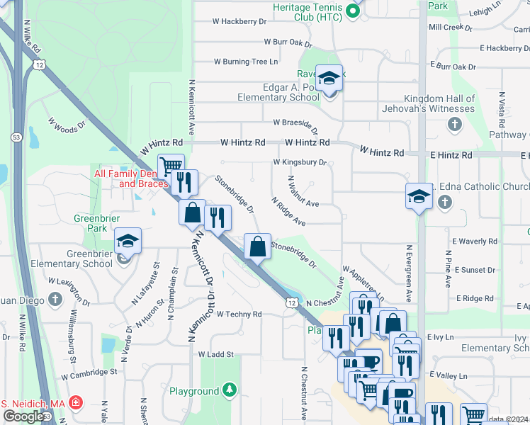 map of restaurants, bars, coffee shops, grocery stores, and more near 650 West Rand Road in Arlington Heights