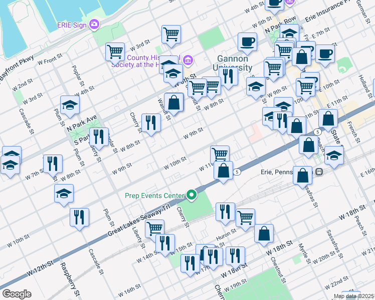 map of restaurants, bars, coffee shops, grocery stores, and more near 510 West 10th Street in Erie