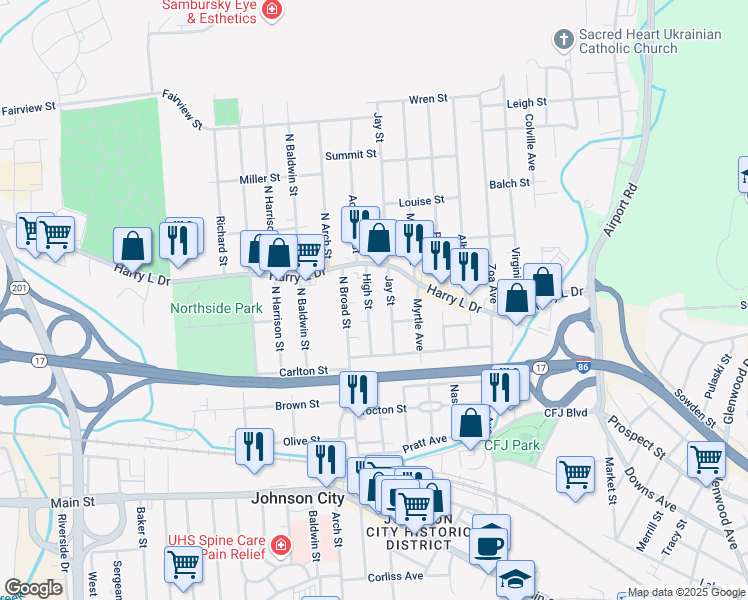 map of restaurants, bars, coffee shops, grocery stores, and more near 42 High Street in Johnson City