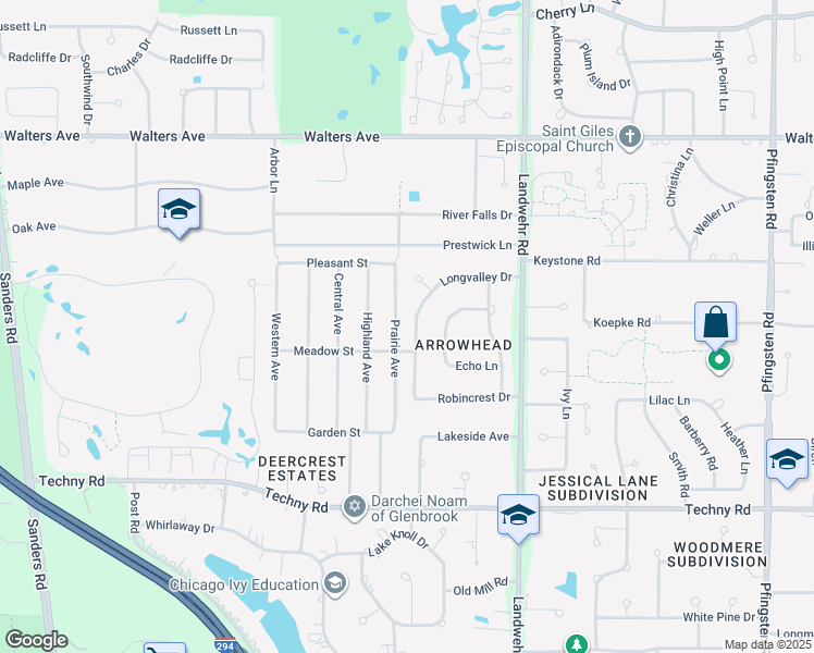 map of restaurants, bars, coffee shops, grocery stores, and more near 1700 Longvalley Drive in Northbrook