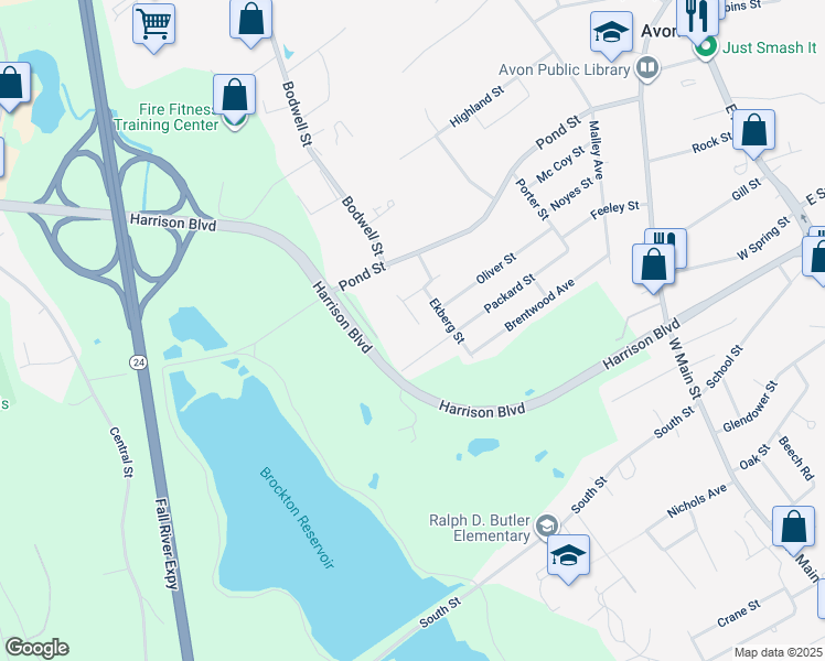 map of restaurants, bars, coffee shops, grocery stores, and more near 149 Packard Street in Avon