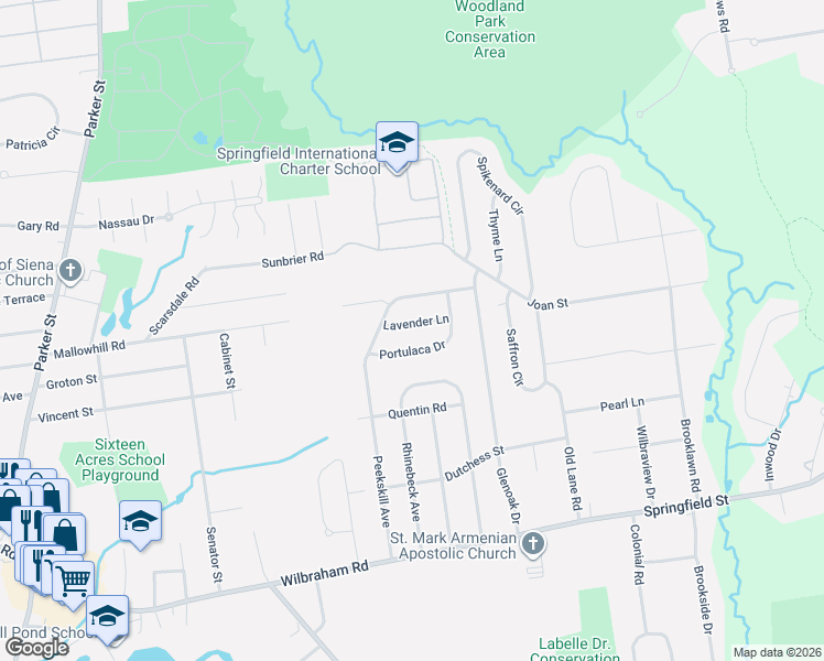 map of restaurants, bars, coffee shops, grocery stores, and more near 60 Portulaca Drive in Springfield