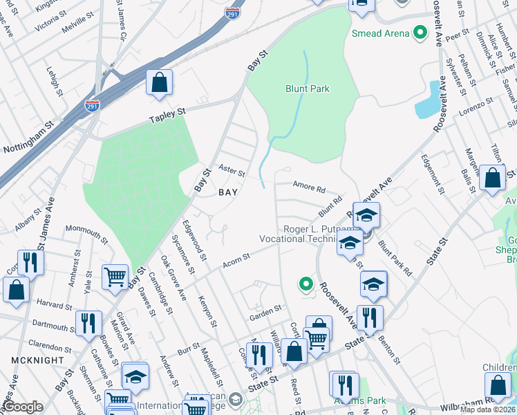 map of restaurants, bars, coffee shops, grocery stores, and more near 200-244 Cortland Street in Springfield