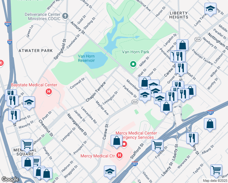 map of restaurants, bars, coffee shops, grocery stores, and more near 61-63 Melha Avenue in Springfield