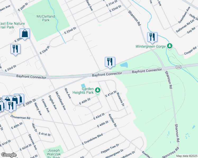 map of restaurants, bars, coffee shops, grocery stores, and more near 3840 Wagner Avenue in Erie