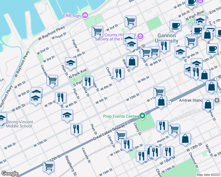 map of restaurants, bars, coffee shops, grocery stores, and more near in Erie