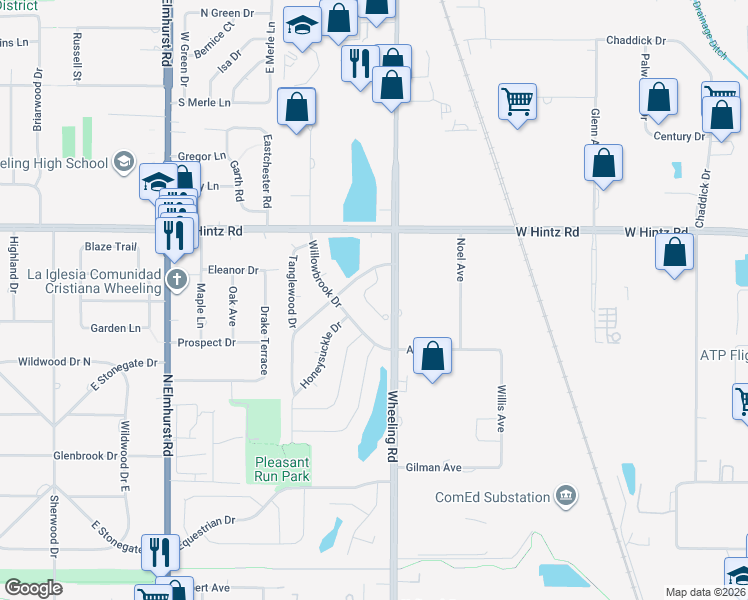 map of restaurants, bars, coffee shops, grocery stores, and more near 943 Willowbrook Drive in Wheeling