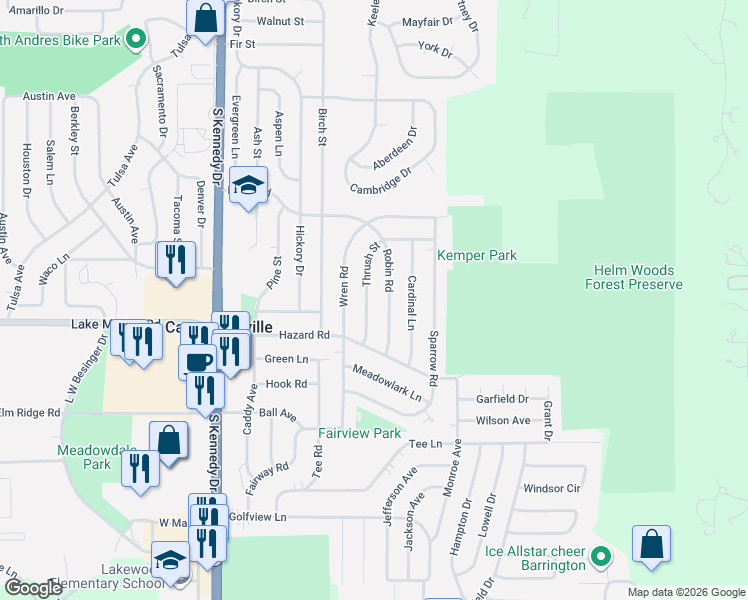 map of restaurants, bars, coffee shops, grocery stores, and more near 15 Thrush Rd in Carpentersville