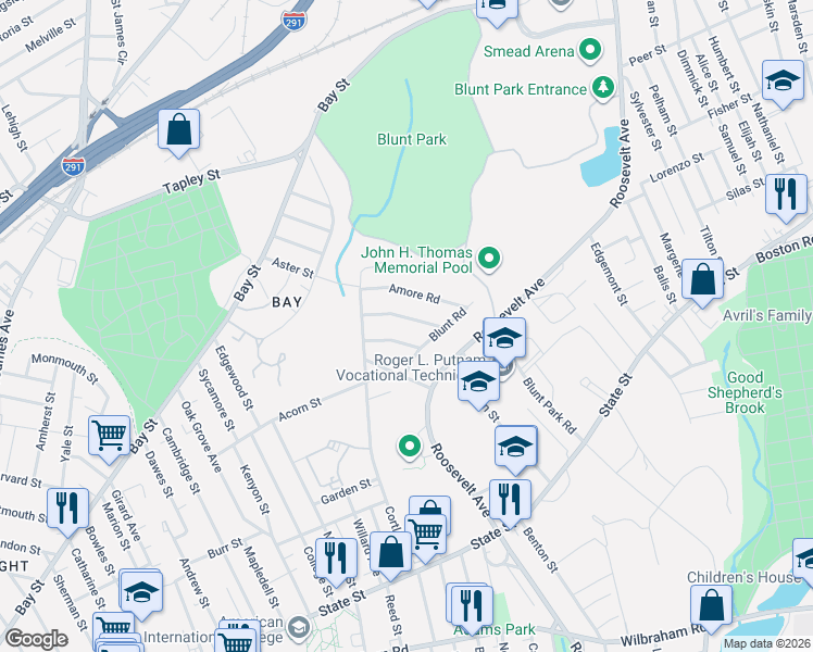 map of restaurants, bars, coffee shops, grocery stores, and more near 54 Malcolm Road in Springfield