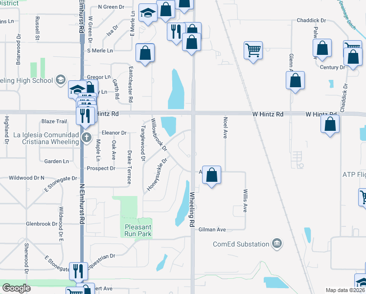 map of restaurants, bars, coffee shops, grocery stores, and more near 943 Willowbrook Drive in Wheeling