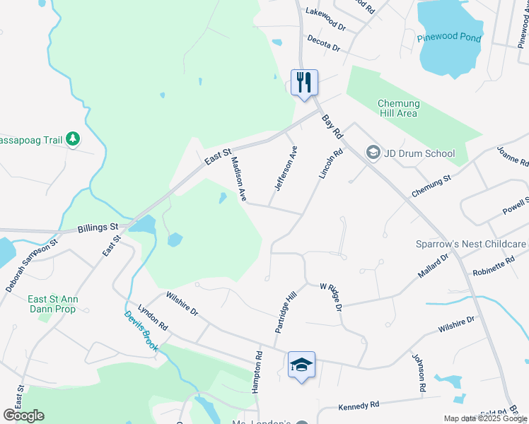 map of restaurants, bars, coffee shops, grocery stores, and more near 27 Madison Avenue in Sharon