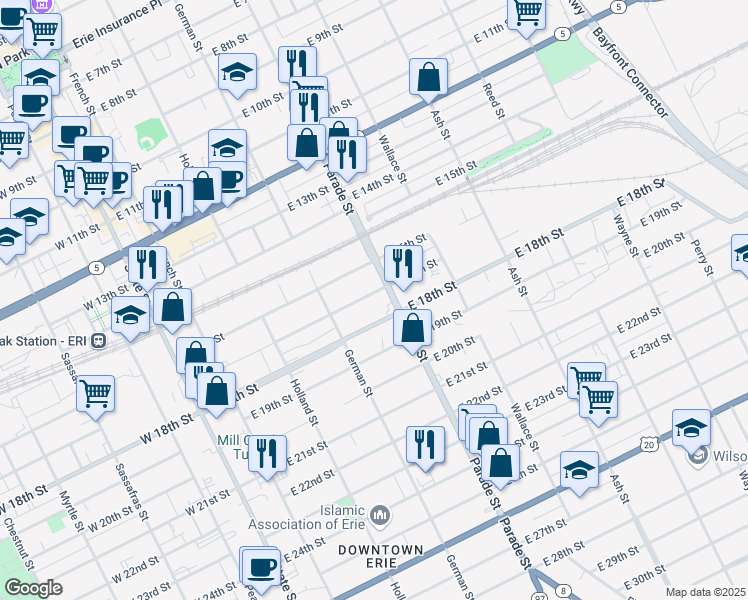 map of restaurants, bars, coffee shops, grocery stores, and more near 347 East 17th Street in Erie