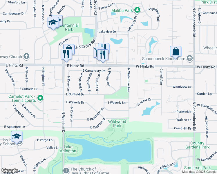 map of restaurants, bars, coffee shops, grocery stores, and more near 2616 North Prindle Avenue in Arlington Heights