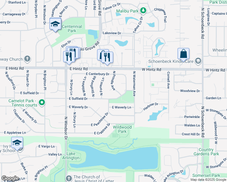 map of restaurants, bars, coffee shops, grocery stores, and more near 2616 North Prindle Avenue in Arlington Heights