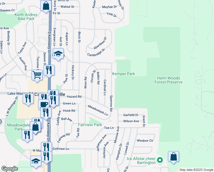 map of restaurants, bars, coffee shops, grocery stores, and more near 15 Cardinal Lane in Carpentersville