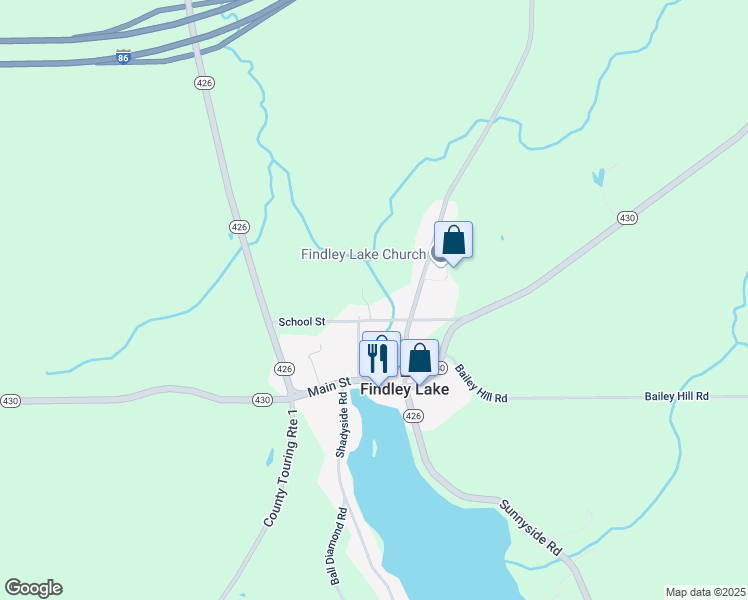 map of restaurants, bars, coffee shops, grocery stores, and more near 10386 School Street in Findley Lake