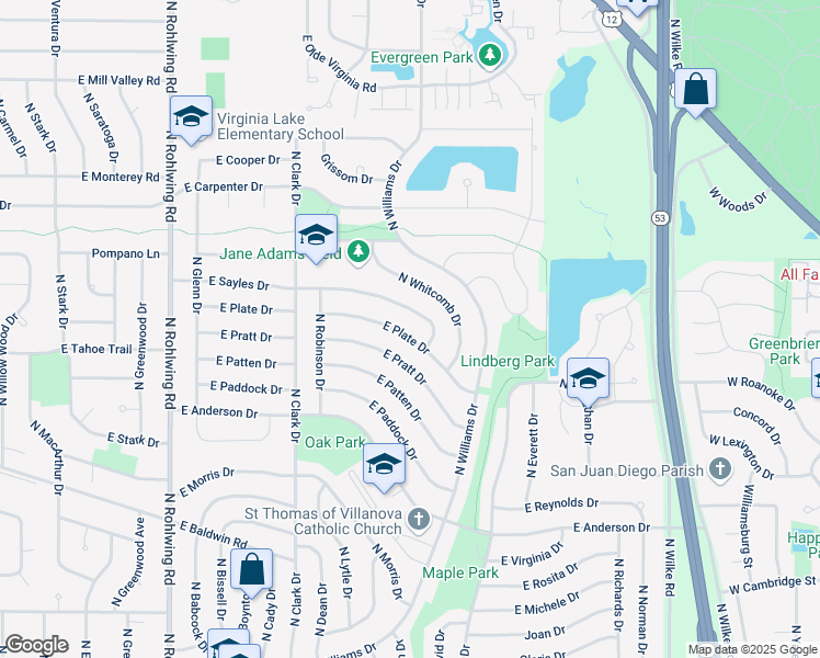 map of restaurants, bars, coffee shops, grocery stores, and more near 1212 East Plate Drive in Palatine
