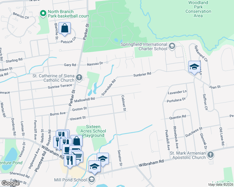 map of restaurants, bars, coffee shops, grocery stores, and more near 251 Senator Street in Springfield