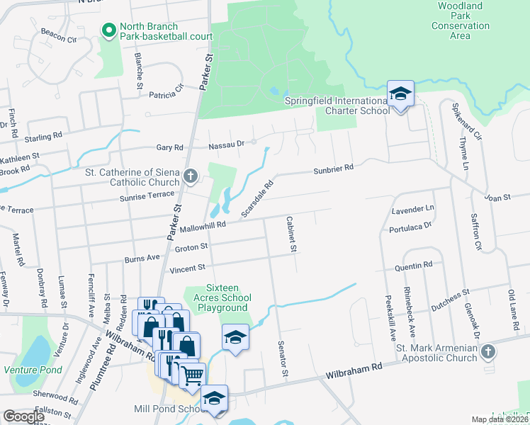 map of restaurants, bars, coffee shops, grocery stores, and more near 251 Senator Street in Springfield
