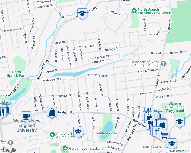 map of restaurants, bars, coffee shops, grocery stores, and more near 100 Martel Road in Springfield