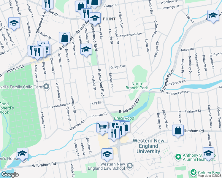 map of restaurants, bars, coffee shops, grocery stores, and more near 335 Rosewell Street in Springfield