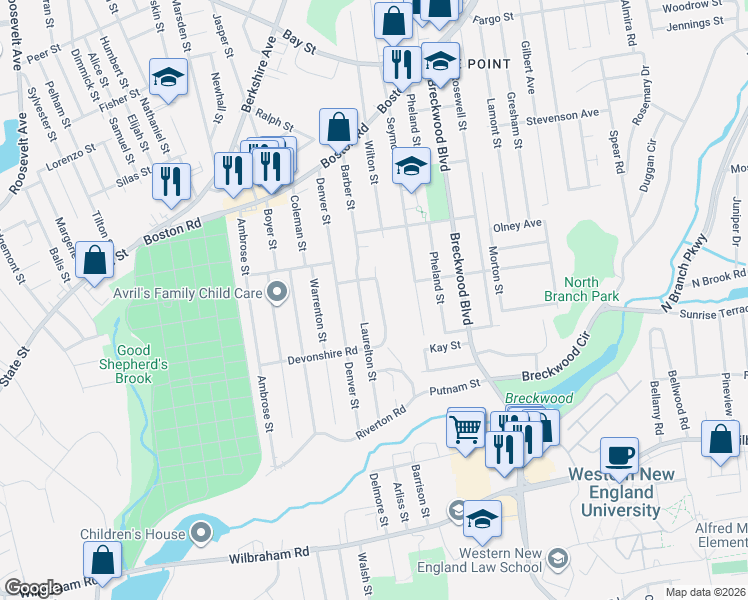 map of restaurants, bars, coffee shops, grocery stores, and more near 196 Laurelton Street in Springfield
